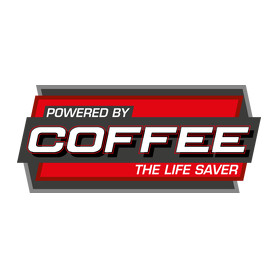 Powered by Coffee-Kitűző, hűtőmágnes