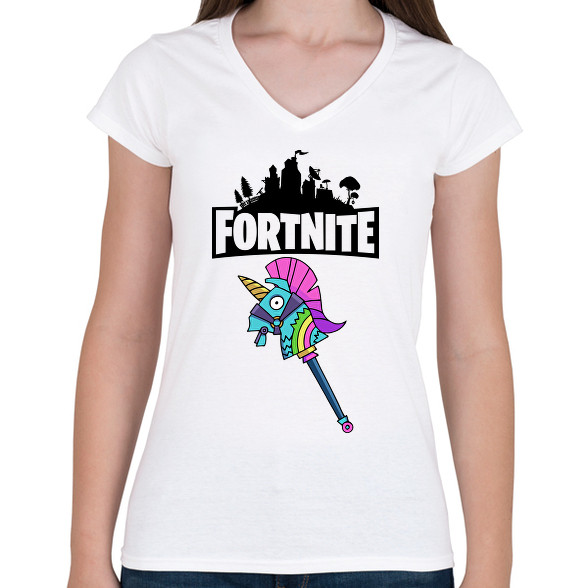 Fortnite Egyszarvú csákány-Női V-nyakú póló