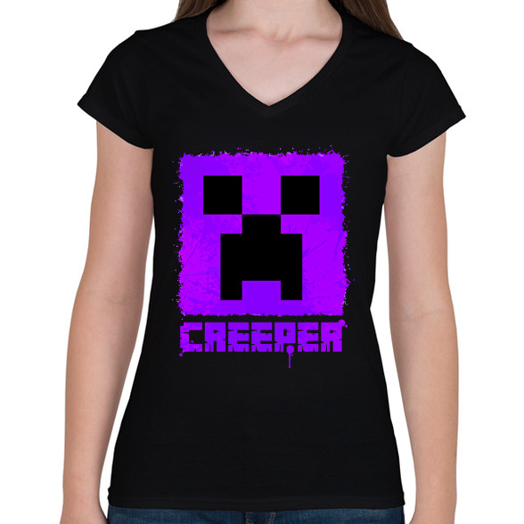 Minecraft creeper lila-Női V-nyakú póló