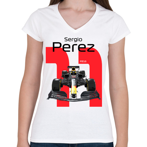 Sergio Perez 11 autóversenyző - fekete felirat-Női V-nyakú póló